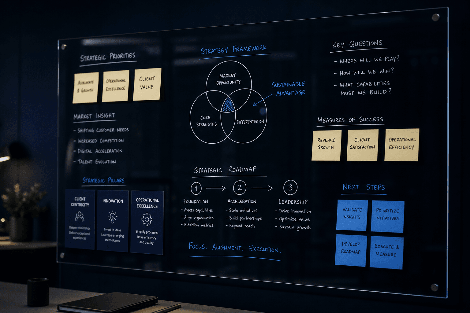 Strategic workshop board with transformation frameworks and planning notes